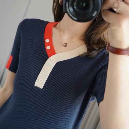 Summer new womens pure cotton T-shirt casual v-neck knitted stitching sweater short-sleeved slim womens top tees hot