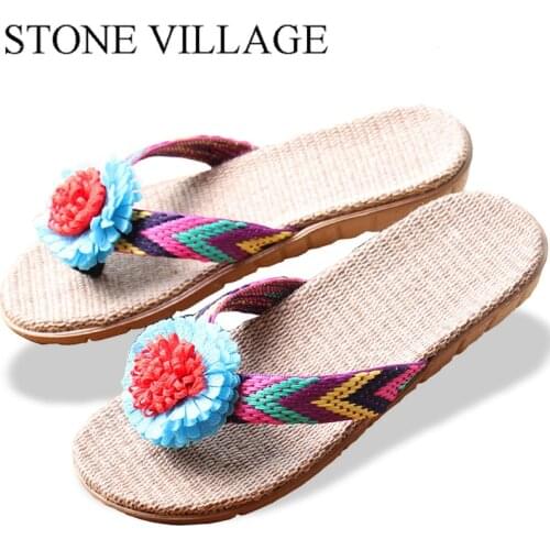 STONE VILLAGE New Lovers Women Men Slippers Flower Flax Slippers Indoor Shoes Non-Slip Flip Flops High Quality Large Size 35-45