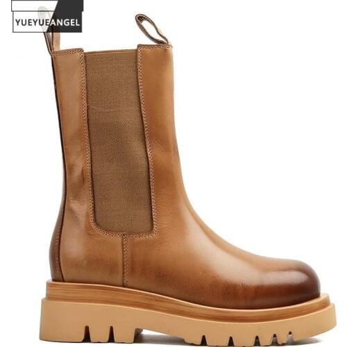 Winter High Top Women Mid Calf Boots Slip On Motorcycle Biker Chelsea Boots Thick Platform Block Heels Leather Work Safety Shoes