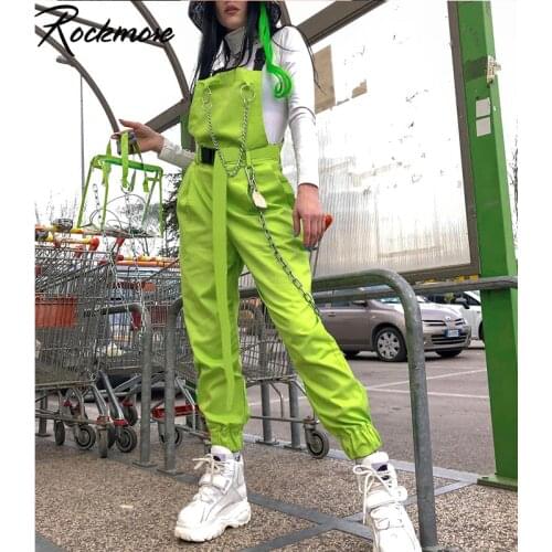 Rockmore Punk Overalls Women Cargo Pants With Chain Streetwear Buckle Strappy High Waist Long Pants Harajuku Femme Trousers Fall