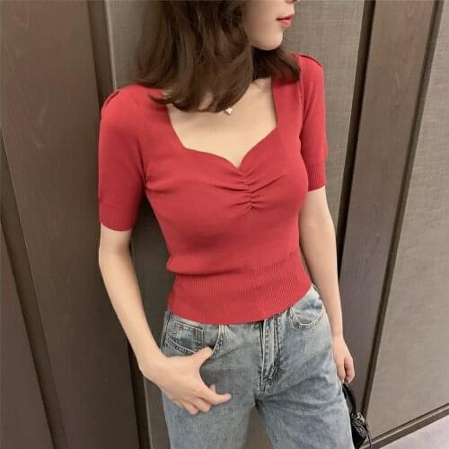 2021 Summer New Korean Design Square Neck Pleated Short Sleeve Womens Slim Top