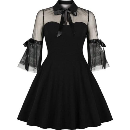 Women Gothic Bell Sleeves Black Swing Short Dress Sexy See-Through Mesh Patchwork Vintage Bow Knot Cocktail Party Clubwear S-2XL
