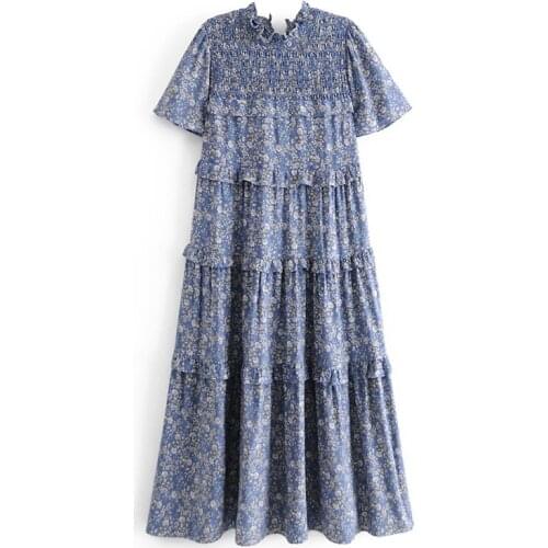 New Flora Summer Print Dress Layered Dress Back Lace-Up Short Sleeve Ruffles Collar for Women and Girls Elegent Style