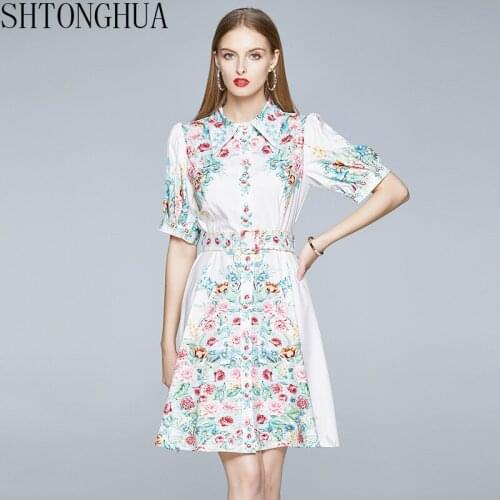 High Quality Runway Floral Print Dress 2020 Summer New Women Lapel Single-Breasted Sash Belt Elegant Female Party Mini Dress