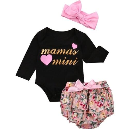 Newborn Toddler Infant Baby Girls Clothes Long Sleeve Jumpsuit Bodysuit Diaper Cover Pants Skirt 3PcS Outfits