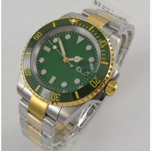 40MM Sterile Green Dial Sapphire Glass Yellow Gold Plated Ceramic Bezel Date Glass Case Back GMT Automatic Mens Wristwatch