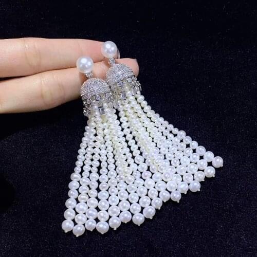 Long tassels drop earring natural fresh water pearl 925 sterling silver with cubic zircon architectural style fine jewelry