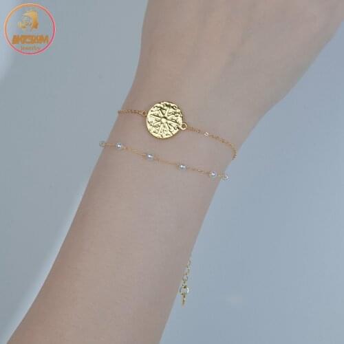 Akizoom Double-Layer Pearl Beads Bracelet Eight Star Round Stainless Steel Adjustable Charm For Women Girl Birthday Jewelry Gift