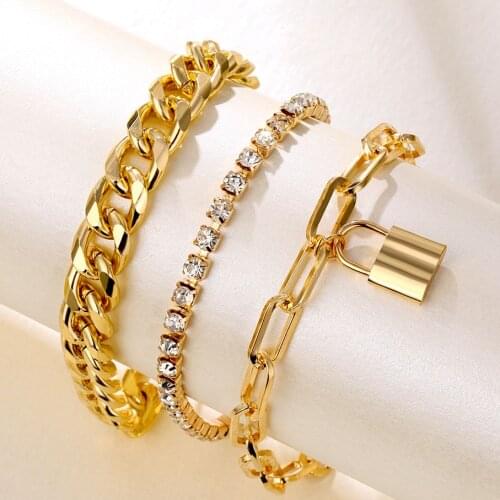 EN 2021 Punk Crystal Lock Pendant Bracelet Set Female Hip Hop Metal Thick Geometric Chain Bangles New Bracelet For Women Jewelry