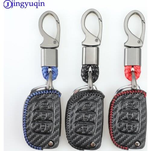 Jingyuqin 3b Carbon Leather Car Key Case Cover Shell For Hyundai Creta I10 I20 Tucson Elantra Santa Fe 2016 2017 2018 Holder