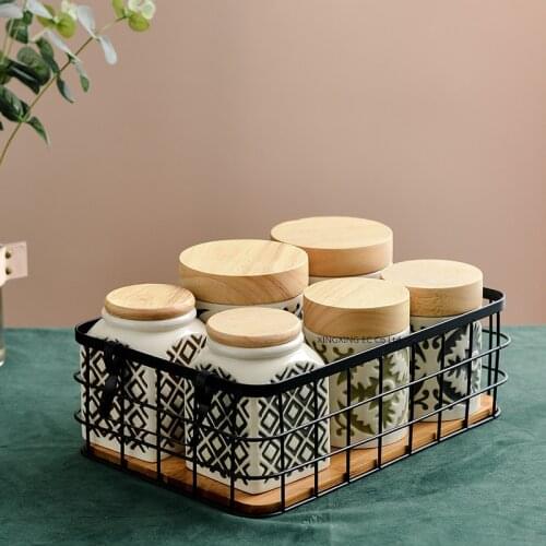 Ceramic Storage Jar with Lid Grain Dispenser Kitchen Food Coffee Bean Storage Bottle Tea Sealed Can Nordic Iron Storage Basket