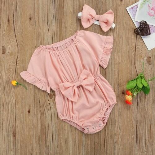 Infant Baby Girls Ruffle Sleeve Rompers Solid Drawstring Jumpsuits + Headband Newborn Casual Lovely Summer Cotton Outfits