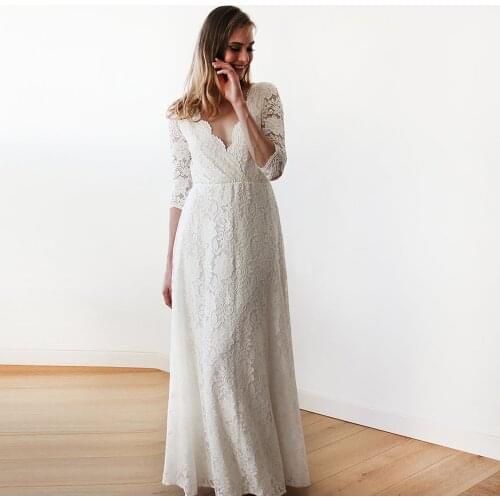 2021 V-Neck Three Quarters Sleeves Lace Bridal A-Line Wedding Dress Bridal Gown robes de mariées
