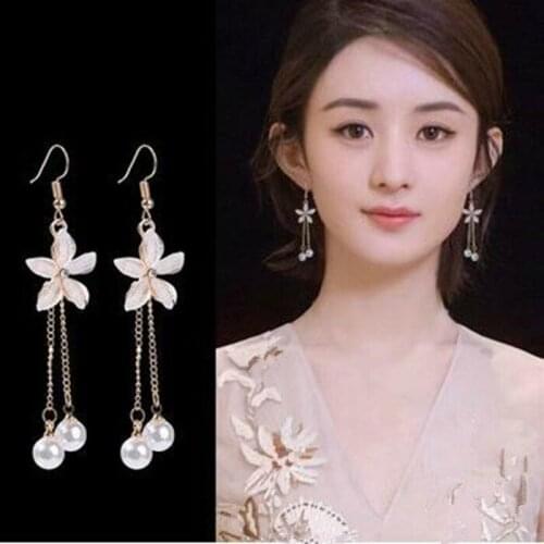 Ex673 Korean version Fashion simple exquisite crystal flower Tassel chain pearl earrings 2021 trend Womens Jewelry