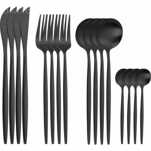 Steel Cutlery Set Travel Dinner Fork Spoon Knife Set Black Cutlery Dishwasher Safe Tableware 16 Pieces Flatware Matte Cutlery