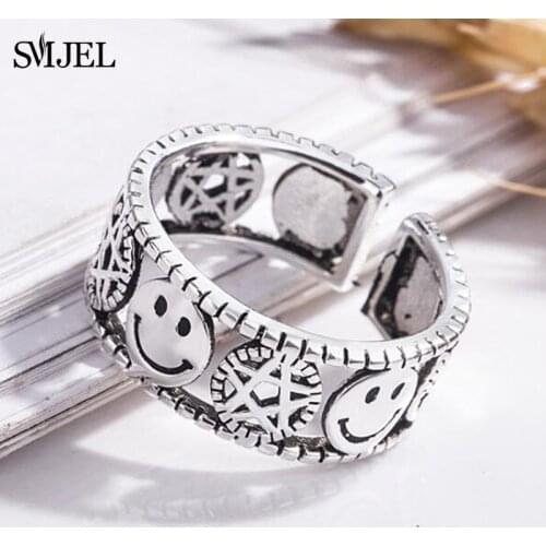 Multiple New Fashion Punk Vintage Happy Smile Face Silver Color Finger Rings Stackable Adjustable For Women Jewelry Gift