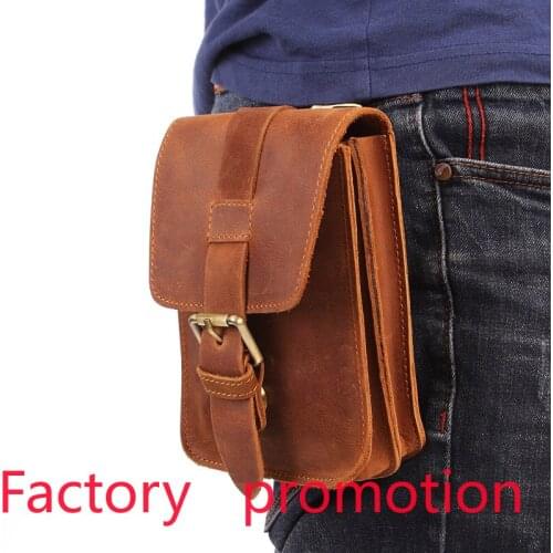 Cross-Border New Mens Pockets Leather Mobile Phone Belt Bag Full-Grain Leather Retro Mountaineering Small Bag