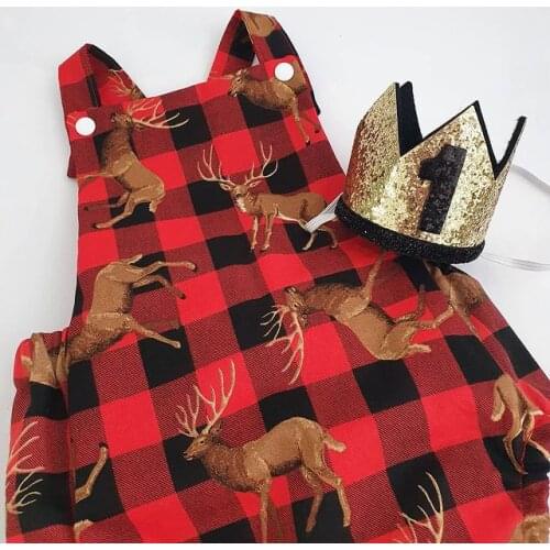 FOCUSNORM Christmas Infant Baby Girls Boys Rompers 0-24M Plaid Deer Printed Sleeveless Strap Backless Jumpsuits