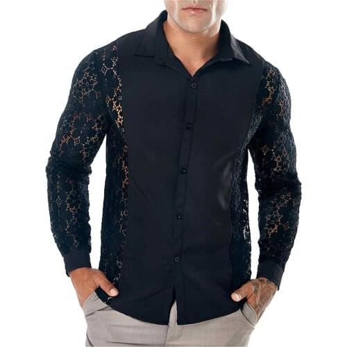 Mens Shirts 2021 New Solid Color Long Sleeve Blouse Lace Hollow Lapel Shirt Night Club Dancing Clothing