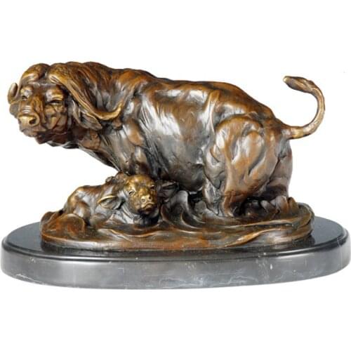 Wild Water Buffalo Mother and Child Statue Sculpture Bronze Cabinet Decor Animal Figurine Artwork Home Desk Decoration