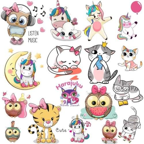 Lovely Unicorn/Cat Heat Transfer For Clothing Iron On Transfer For Clothes Appliques For Kid T-shirt Animals Thermal Transfers