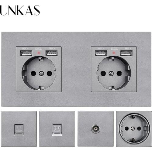 UNKAS Grey EU / French Socket Dual USB + Female TV RJ45 Internet RJ11 Telephone 172*86mm Hidden Soft LED Gray PC Plastic Panel