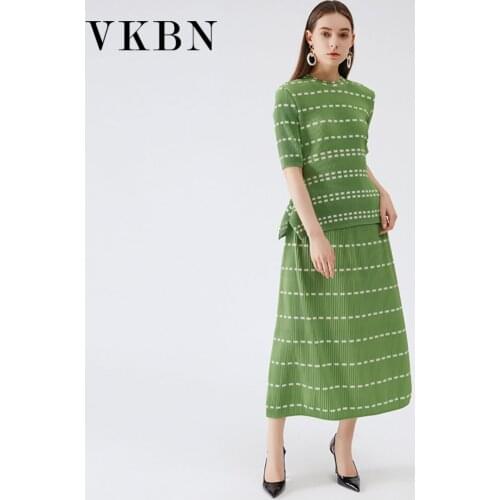 VKBN Summer Two Piece Set Top and Skirt Striped Plus Size Green Elastic Wais Print Half Sleeve Pullover T Shirt Suit Female