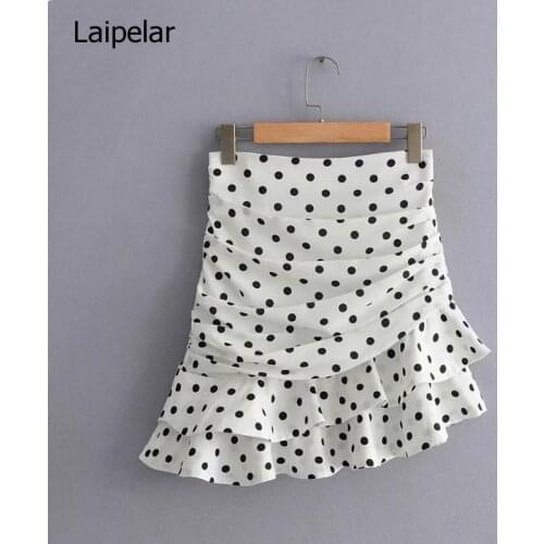 Women Fashion Polka Dot Print Pleated Asymmetrical Skirt Faldas Mujer Ladies Back Zipper Vestidos Chic Ruffles Skirts