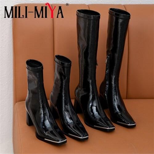 MILI-MIYA New Fashion Design Women Patent Leather Boots Mid-Calf Zippers Solid Color Square Toe Square Heels Motorcycle Boots