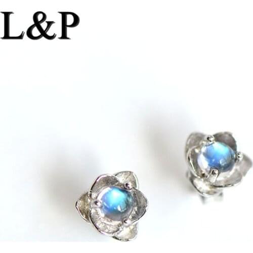 India And Nepal Handmade 925 Sterling Silver Jewelry Inlaid 3mm Natural Moonstone Retro Flower Lotus Earrings For Women