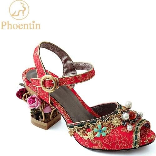Phoentin Chinese red crystal wedding sandals for ladies string bead 2020 flower metal heels buckle strap women sandals FT467