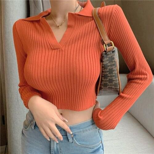 Woman Sweaters Pullover Polo Collar Pullover Sweater Autumn and Winter V-neck Long-Sleeve Womens Top Femme Chandails