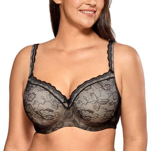 Plus Size Womens Full Figure Lightly Lined Underwire Lace Balconette Push Up Bra Lingerie for Woman 34 36 38 40 42 44 B C D DD E