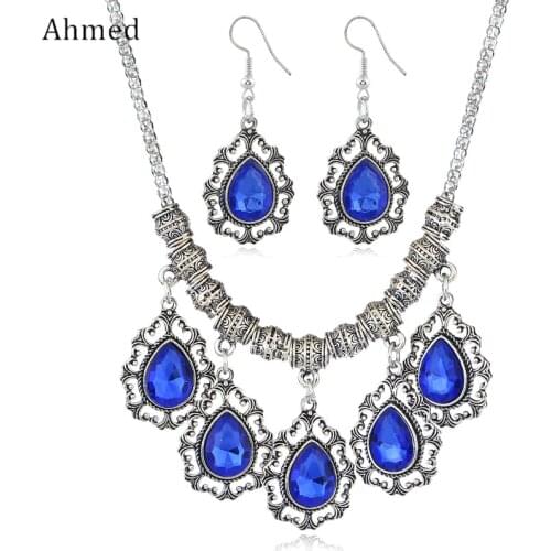 Ahmed Turkish Vintage Big Crystal Jewelry Sets For Women Statement Necklace Earring Set Water Drop Tassel Wedding Jewelry