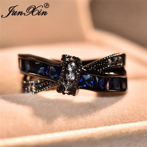 JUNXIN Small Square Blue Zircon Cross X Rings For Women Black Gold Filled Crystal Wedding Ring Female Sept Birthstone Ring Gift