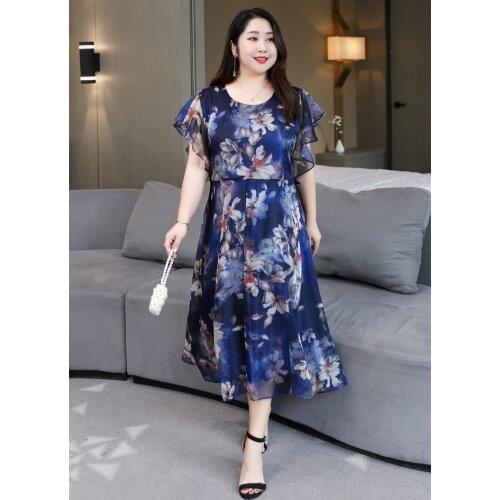 Summer Chiffon Dress Floral Printed High Waist Long Party Dress for Women Ruffles Short Sleeve Elegant Casual Robes Female T3399