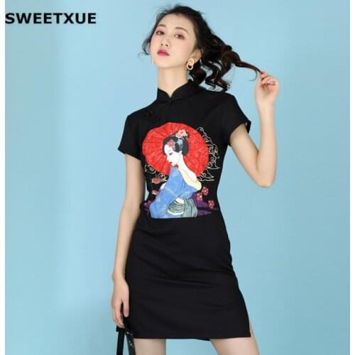 SWEETXUE Women Modern Cheongsam Black Fashion Print Dress Chinese Style Trendy Slim Mini Dresses Casual Ladies
