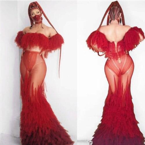 Sexy Red Tassel Slash Neck Mesh Perspective Party Evening Dress Women Birthday Celebrate Mermaid Long Dress Stage Wear XS2409
