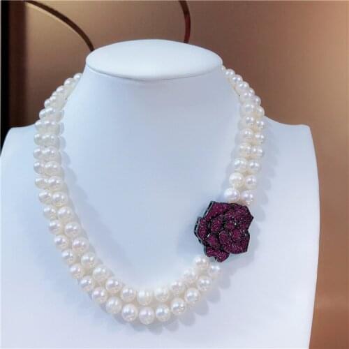 2 Rows Freshwater White Pearl Necklace Flower CZ Connector