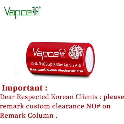 2pcs/lot Vapcell Original INR18350 850mAh 18350 10A 3.7V lithium li-ion Battery for flashlight power tools Free shipping