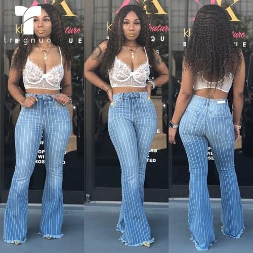2021 Women Boot Cut Pant Blue Jeans High Waist Trousers Casual Stripe Woman Spring And Autumn Bottoms Plus Size
