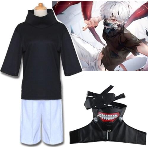 Anime Tokyo Ghoul Kaneki Ken Mask Cosplay Costume Full Set Shirt Shorts Wig Tops Men Women Halloween Party Outfit