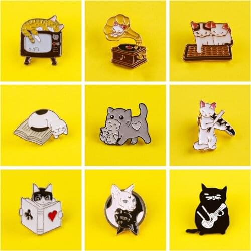 Lovely Animals Cat Pin Lapel Brooches For Backpack Cartoon Metal Badges Stripes For Clothes Set Funny Badge For Jeans Jacket