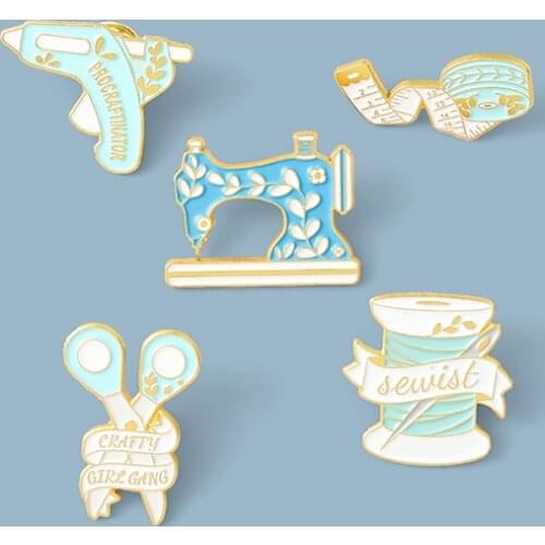 Sewing Machine Enamel Pins Tape Measure Glue Gun Scissors Brooches Badge Bag Cartoon Jewelry Gift For Kid Friends