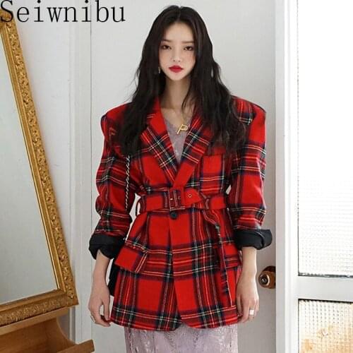 Korean Fashion Red Plaid Blazer Women Autumn Long Sleeve Sashes Office Lady Elegant Blazers Streetwear Casual Female Suit Coat