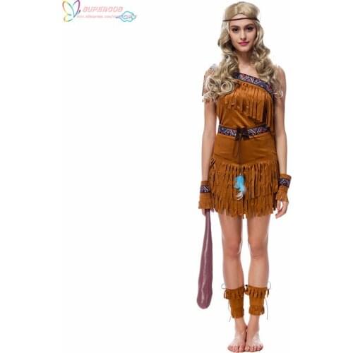 Halloween costume Indian native costume uniform set dress savage hunter forest tassels Costume