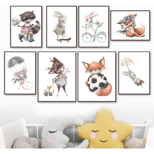 Cute Woodland Animals Bunny Deer Fox Bear Boy Vehicle Wall Art Print Canvas Painting Nordic Poster Wall Pictures Kids Room Decor