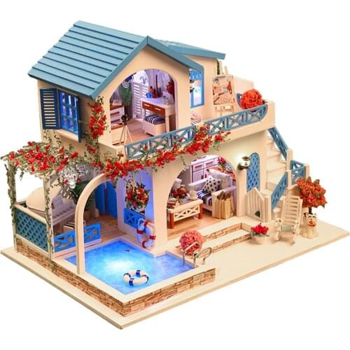 1:24 Scale DIY Dollhouse Miniature Wooden Dolls House Kit Outdoor Pool Villa