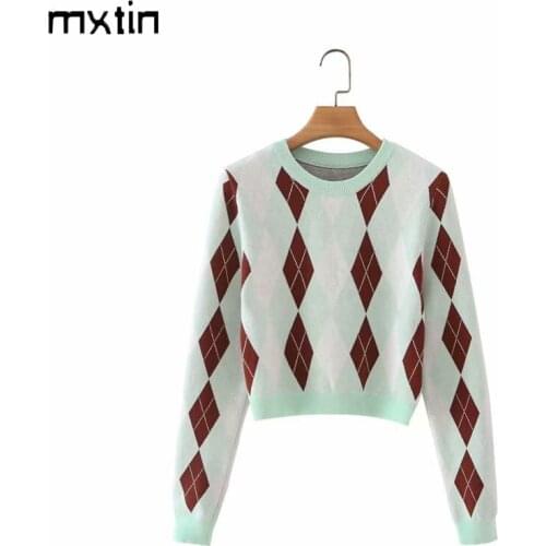MXTIN 2021 Women Autumn Vintage Plaid Cropped Pullover Sweater Fashion Slim O-Neck Long Sleeve Female Casual Chic Tops Vestidos