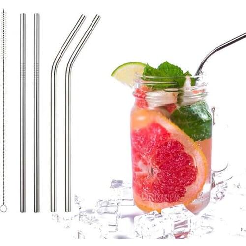New 4pcs Stainless Steel Threaded Drinking Straws + 1 Reusable Metal Endurance Brush Essential For Home Life Stainless Steel